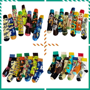 Detailed grid view of diverse printed cotton crew socks with animal and art motifs