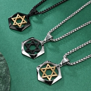 Three octagonal hexagram pendants in gold and silver steel on box chains for men