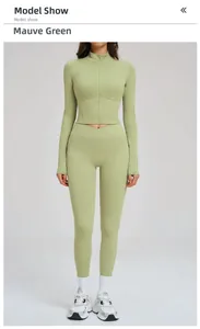 Bean Paste Green yoga set with zipper jacket and cross-waist leggings model view