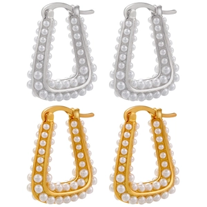 Copper Hoop Earrings With Faux Artificial Pearls Trapezoid U Shaped Ear Buckles Vintage French Style Jewelry For Women