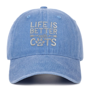 Detail of light blue washed cotton baseball cap with Life is Better with Cats embroidery