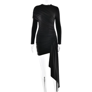 Elegant black long sleeve mini dress with pleated details and asymmetrical draped hemline