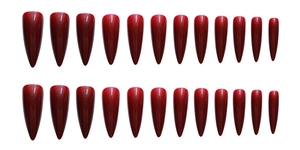 Detailed set of 24 pieces burgundy gradient pointed stiletto press-on nails on white background