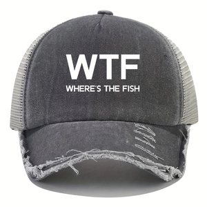 Detail of distressed mesh trucker hat with WTF Where's The Fish slogan in dark gray
