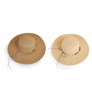 Khaki wide-brim sun straw hat for women with wooden bead decoration and wide flat brim