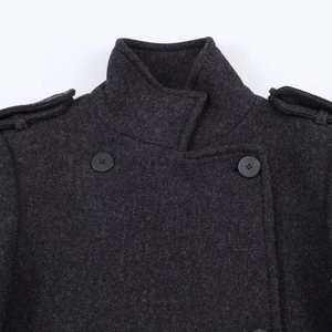 Deep charcoal grey wool blend trench coat featuring a stand-up collar and shoulder epaulettes