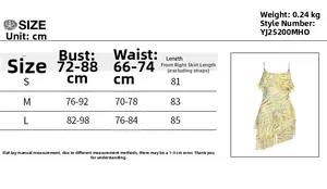 Size chart for floral summer strap dress showing measurements for S, M and L sizes