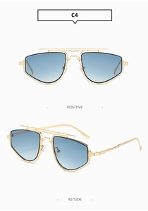 Detail of golden metal polygon sunglasses with blue gradient lenses from two angles