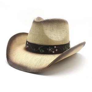 Western woven straw cowboy hat featuring floral embroidery and a gradient curved brim