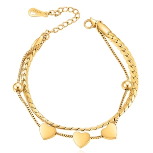 Double-layer 18K gold plated stainless steel bracelet with polished heart charms