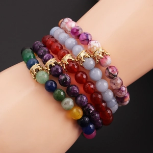 Natural Stone Beaded Bracelet With Golden Crown Charm Micro Rhinestone Inlaid Elastic Wristband Fashion Jewelry For Men