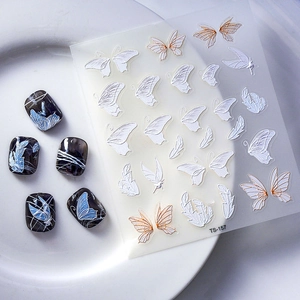 Stickers nail art relief 3D motifs papillons blancs et plumes, modèle TS-157