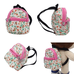 Miniature floral doll backpack with pink zipper and black straps for BJD dolls