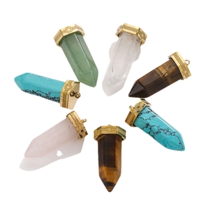 Hexagonal natural stone pendants with gold metal caps in various crystal materials