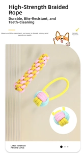 Close-up of pink and blue braided cotton rope dog toys for aggressive chewers