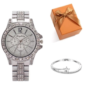 Women Quartz Watch And Star Bracelet Rhinestone Inlaid Alloy Fashion Elegant Timepiece Ladies Casual Jewelry Accessory