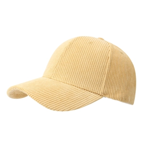 Detailed close-up of khaki corduroy baseball cap texture and 6-panel structured design
