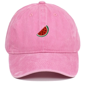 Detailed embroidery of a watermelon slice on a pink washed cotton vintage baseball cap