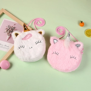 Cute plush unicorn crossbody bags for girls in white and pink with glitter horn