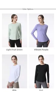 Four-color display of long-sleeve yoga shirts with crew neck and curved hem details
