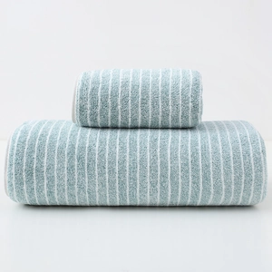 Close-up of light blue striped towel set with soft terry texture on white background