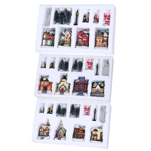 10-piece Christmas village set with glowing houses, Santa figures, and LED lights