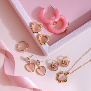 Sweet Stainless Steel Pink Heart Jewelry Set For Women Rhinestone Enamel Hoop Earrings Pearl Pendant Necklace Open Ring