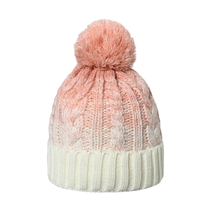 Rosa-weiße Strickmütze mit Ombré-Farbverlauf, flauschigem Bommel und dickem Zopfmuster