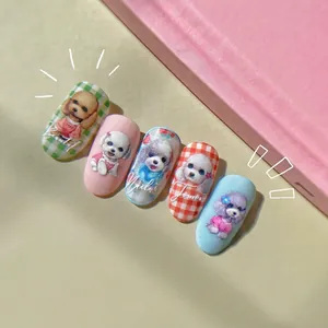 5D embossed poodle nail art stickers with cute dog patterns and colorful plaid designs