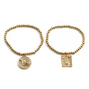 Gold Plated Copper Beaded Bracelet Hamsa Hand Moon Star Charm Elastic Bangle With Cubic Zirconia Mystical Jewelry For Women