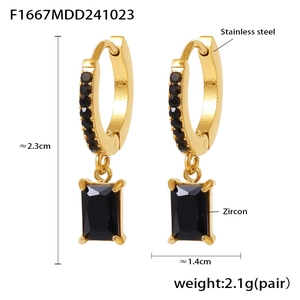 Detailed view of gold stainless steel earrings with black rectangular zircon and size dimensions