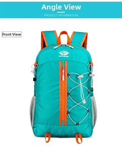 Front detail of outdoor hiking backpack in lake blue with orange accents and bungee cords