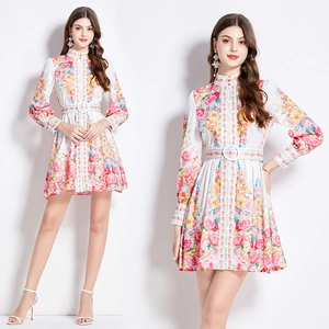 Vintage Palace Style Stand Collar Lantern Sleeve Floral Mini Dress Women's Elegant Printed Long Sleeve Button Dress