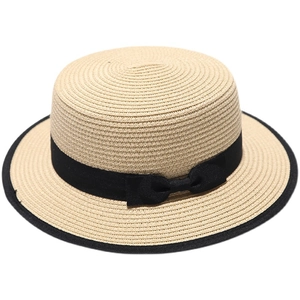 Elegant flat top boater straw hat with black ribbon bow and contrasting trim