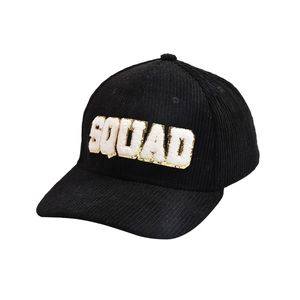 Black corduroy baseball cap featuring SQUAD embroidery with gold glitter outline