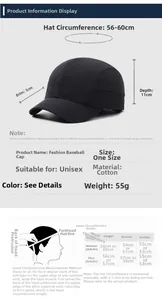 Detailed size chart for retro short brim baseball cap with head measurement guide