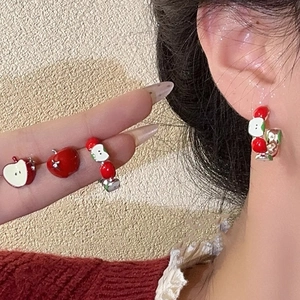 Asymmetric red apple stud earrings with crystals and drip oil finish for women