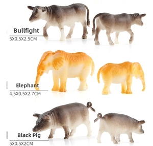 Detailed views of bull, elephant, and black pig miniature forest animal model figures