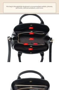 Detailed view of black leather handbag interior with multiple compartments and pockets