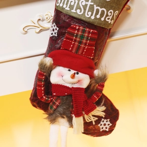 Close-up of red Christmas stocking with 3D snowman, snowflake patterns and plush textures