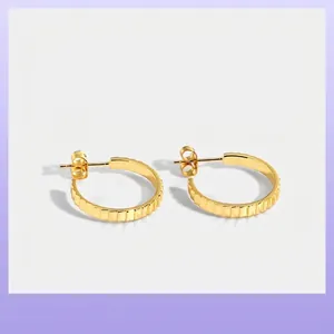 Gear Textured C Shape Hoop Earrings Gold Plated Geometric Jewelry With 925 Sterling Silver Earring Post For Women