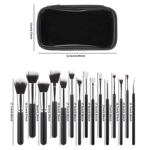 Detailed view of 15pcs makeup brush set with dimensions and transparent storage bag