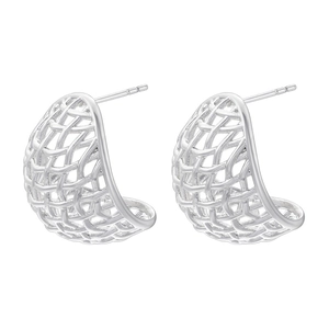 Macro shot of silver woven hollow mesh C-shape earrings with a minimalist matte finish