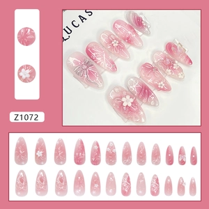 3D butterfly and flower pink gradient stiletto press-on nails set with 24 pieces