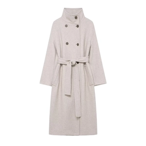 Elegante Cappotto Lungo da Donna Doppio Petto con Collo Alto e Cintura Vestibilità Oversize Morbido Beige Avena in Poliestere