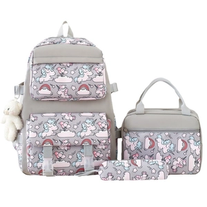 3-piece set grey nylon school backpack with unicorn prints and a small plush bear charm