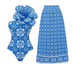 Blue and white floral two-piece swimwear set with 3D flower and high waist maxi skirt
