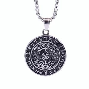 Silver Viking Tree of Life pendant necklace with Runic alphabet in polished steel