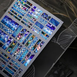 Laser metallic nail stickers with fish scale and peacock feather patterns EM-001 series