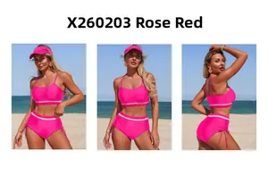 Three views of rose red two-piece bikini with drawstring bottoms on a sunny beach